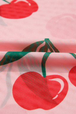 Pink Cherry Print Lettuce Trim Long Sleeve Mesh Top