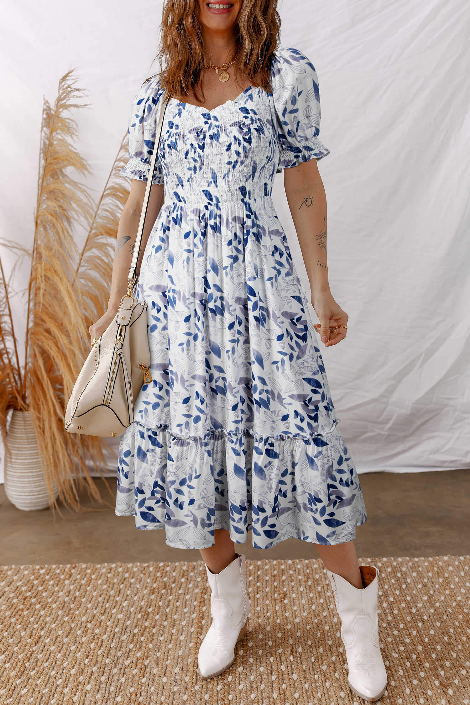 Sky Blue Smocked Bodice Short Puff Sleeve Tiered Floral Midi Dress