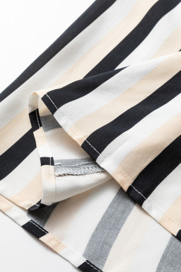 Black Stripe 3/4 Puff Sleeve Shirt Style Button Down Midi Dress