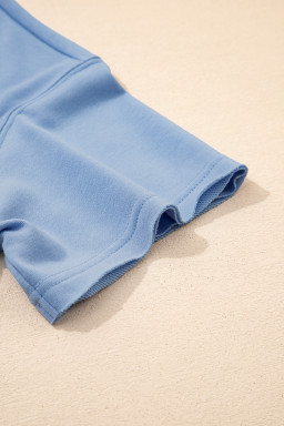 Sky Blue Solid Color Contrast Textured Patchwork Raw Edge 2pcs Short Set