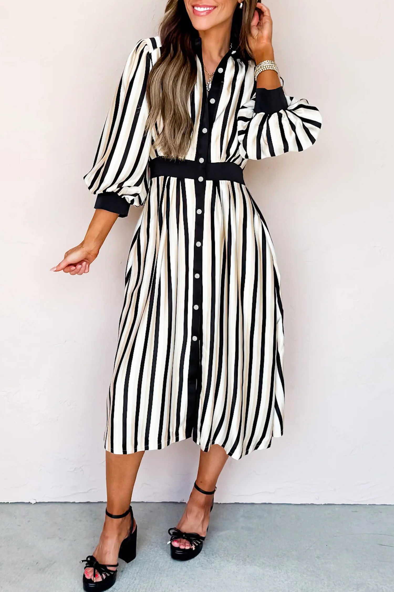 Black Stripe 3/4 Puff Sleeve Shirt Style Button Down Midi Dress