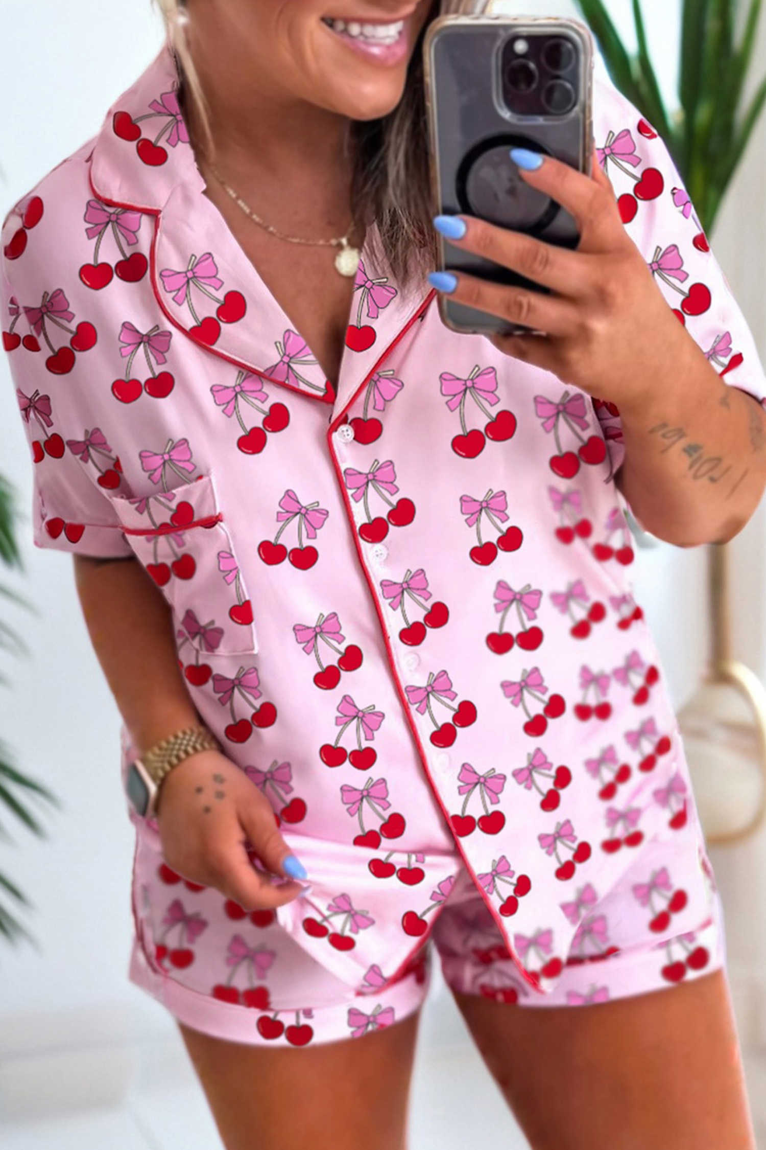Pink Cherry/Bow Print Short Pajama Set