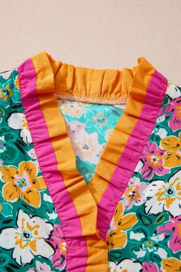 Green Floral Print Contrast Trim Frilled V Neck 3/4 Sleeve Blouse