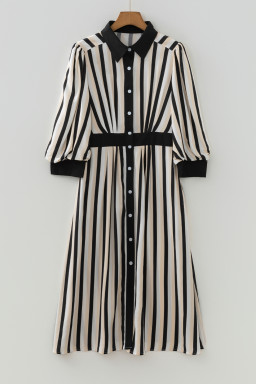 Black Stripe 3/4 Puff Sleeve Shirt Style Button Down Midi Dress