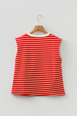 Red Stripe Ribbed Round Neck Trim Loose Tank Top