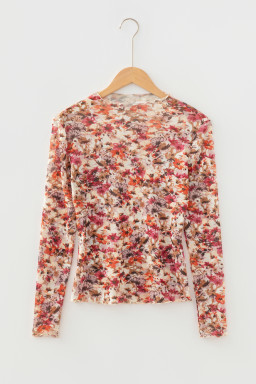 Red Lettuce Trim Floral Print Mesh Long Sleeve Top