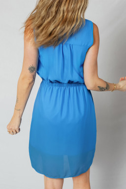 Blue Half Buttons Collared Elastic Waist Sleeveless Shirt Dress