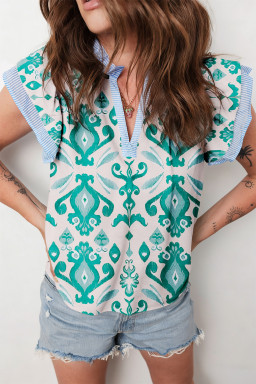 Sky Blue Ethnic Print Striped Trim Flutter Sleeve Top