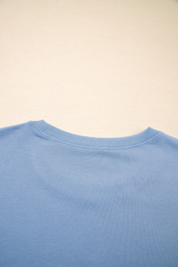 Sky Blue Solid Color Contrast Textured Patchwork Raw Edge 2pcs Short Set