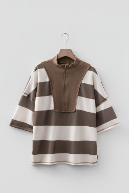 Brown Striped Color Block Zip Collar 3/4 Sleeve Oversize Sweatshirt