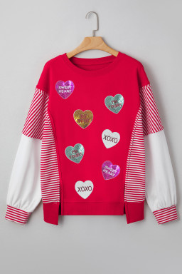 Fiery Red Valentines Day Slogan Sequin Heart Graphic Striped Color Block Patchwork Sweatshirt