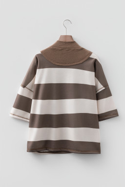 Brown Striped Color Block Zip Collar 3/4 Sleeve Oversize Sweatshirt