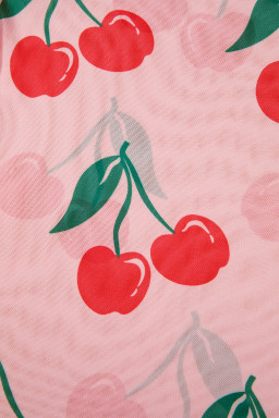 Pink Cherry Print Lettuce Trim Long Sleeve Mesh Top