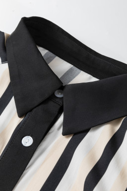 Black Stripe 3/4 Puff Sleeve Shirt Style Button Down Midi Dress