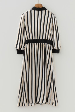 Black Stripe 3/4 Puff Sleeve Shirt Style Button Down Midi Dress