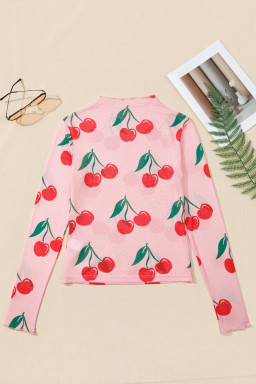 Pink Cherry Print Lettuce Trim Long Sleeve Mesh Top