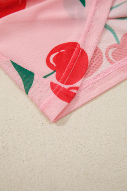 Pink Cherry Print Lettuce Trim Long Sleeve Mesh Top