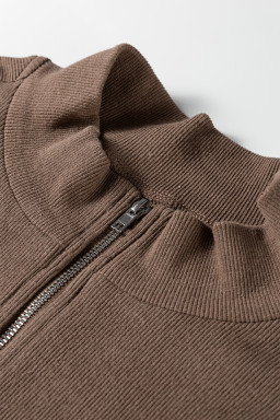 Brown Striped Color Block Zip Collar 3/4 Sleeve Oversize Sweatshirt