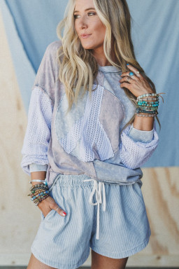 Sky Blue Stripe Drawstring Elastic Waist Casual Denim Shorts