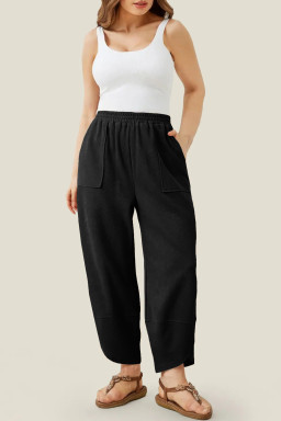 Black Plus Size Elastic Waist Asymmetrical Hem Loose Capris Pants