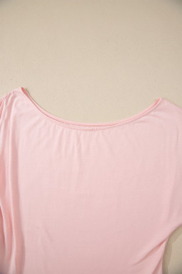Gossamer Pink Plus Size Solid Color Asymmetric Neck Short Sleeve Blouse