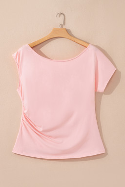 Gossamer Pink Plus Size Solid Color Asymmetric Neck Short Sleeve Blouse