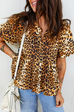 Leopard Print Short Puff Sleeve Slit Neck Babydoll Blouse