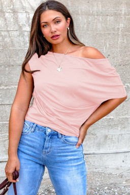 Gossamer Pink Plus Size Solid Color Asymmetric Neck Short Sleeve Blouse
