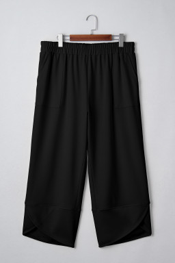 Black Plus Size Elastic Waist Asymmetrical Hem Loose Capris Pants