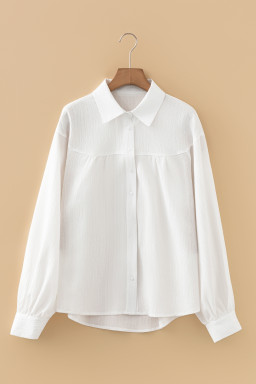 White Crinkled Texture Lantern Sleeve Button Down Loose Shirt