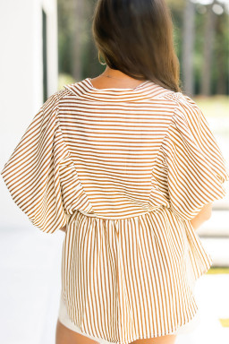 Brown Stripe Shirred V Neck Short Puff Sleeve Blouse