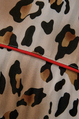 Khaki Plus Leopard Print Contrast Piping Striped Patchwork 2pcs Long Pajama Set