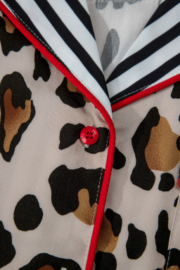 Khaki Plus Leopard Print Contrast Piping Striped Patchwork 2pcs Long Pajama Set