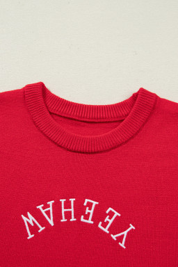 Fiery Red YEEHAW Embroidered Letter Loose Short Sleeve Sweater