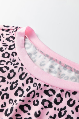 Pink Leopard Striped Patchwork Side Slit Loose Short Sleeve Top