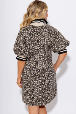 Khaki Leopard Print Zip Neck Striped Webbing Patchwork T Shirt Mini Dress