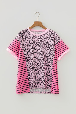 Pink Leopard Striped Patchwork Side Slit Loose Short Sleeve Top