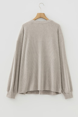 Simply Taupe Plus Size Ribbed Knit Kangaroo Pocket Henley Long Sleeve Top