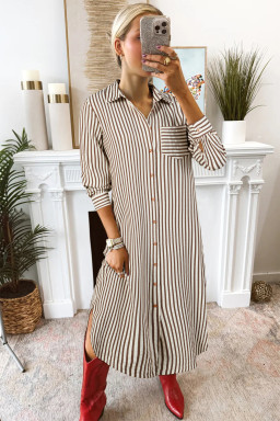 Brown Stripe Textured 3/4 Sleeve Round Hem Split Midi Shirt Dress