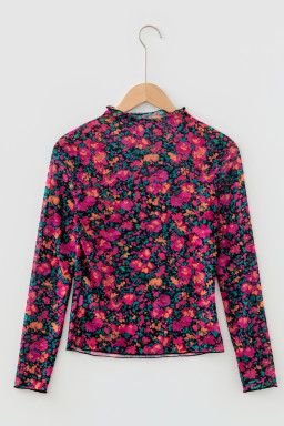 Rose Slim Fit Floral Mesh Long Sleeve Mock Neck Top