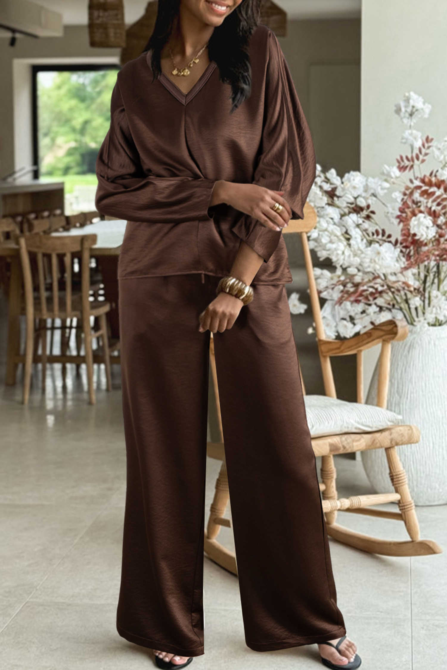 Dark Brown Braided V Neck Long Sleeve Loose Top and Drawstring High Waist Pants 2pcs Outfit