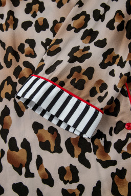 Khaki Plus Leopard Print Contrast Piping Striped Patchwork 2pcs Long Pajama Set