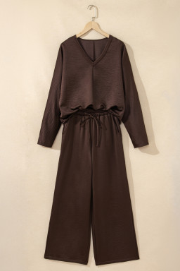 Dark Brown Braided V Neck Long Sleeve Loose Top and Drawstring High Waist Pants 2pcs Outfit