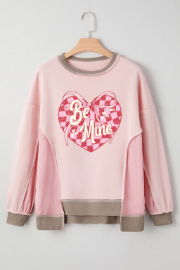 Light Pink Color Block Waffled Patchwork Be Mine Cracking Checkered Heart Print Sweatshirt