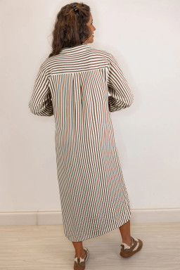 Brown Stripe Textured 3/4 Sleeve Round Hem Split Midi Shirt Dress