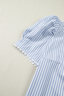 Sky Blue Stripe Plus Size Leopard Patchwork Collar Short Bubble Sleeve Blouse