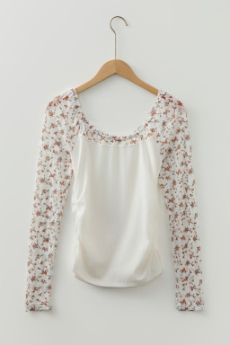White Floral Lace Patchwork Square Neck Long Sleeve Top