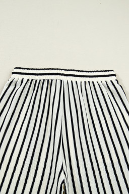 White Stripe Ruffle Trim Drop Shoulder Top Drawstring Loose Pant Set