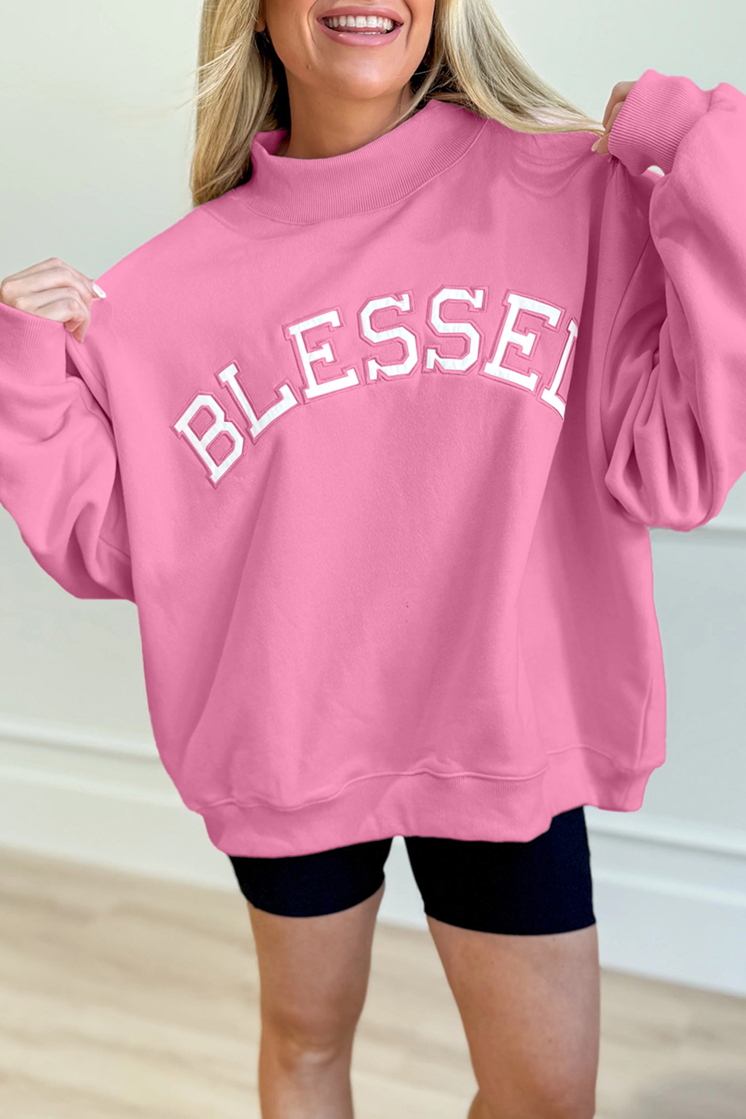 Bright Pink Oversize Blessed Embroidered Mock Neck Sweatshirt