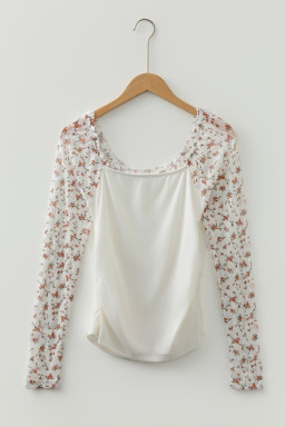 White Floral Lace Patchwork Square Neck Long Sleeve Top